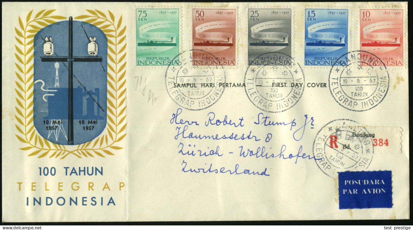 INDONESIEN 1957 (10.5.) "100 Jahre Telegrafie In Indonesien", Kompl. Satz (= Morse-Apparat, Morseband) + ET-SSt: BANDUNG - UPU (Universal Postal Union)