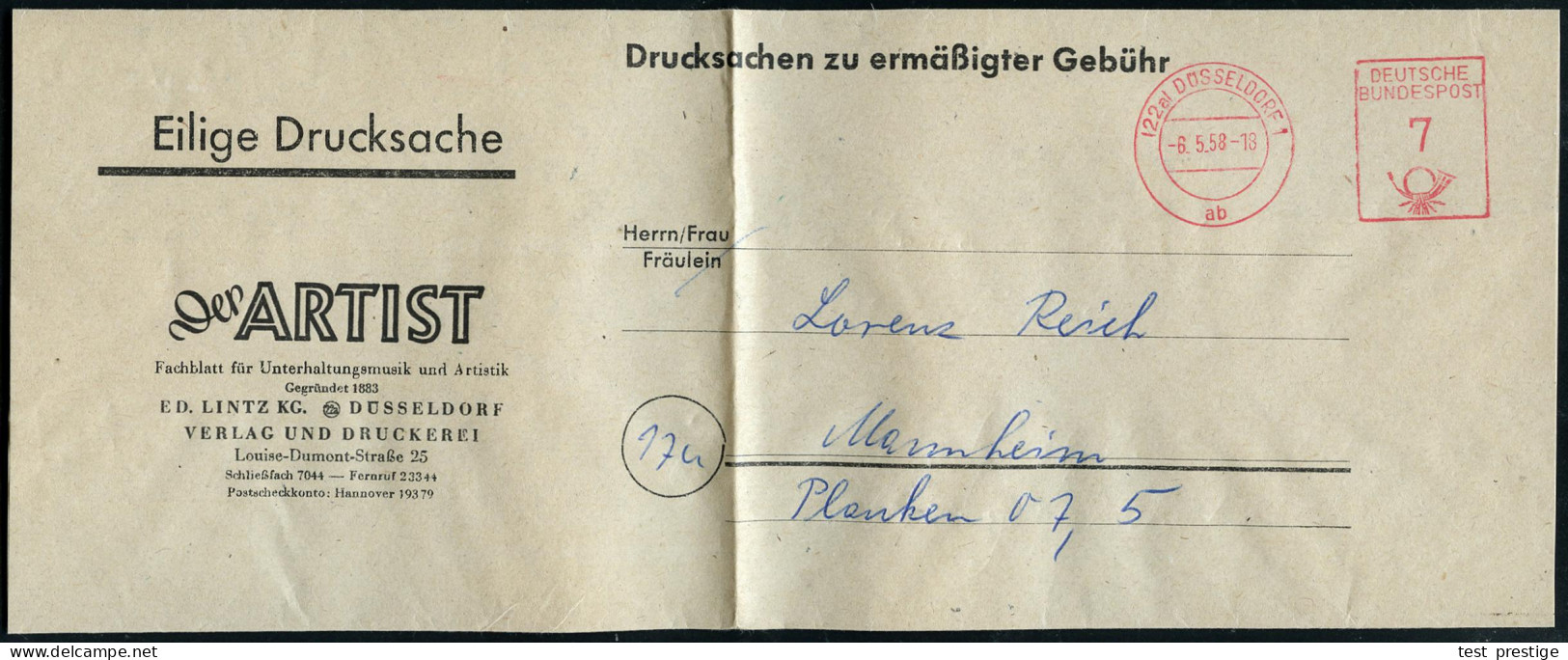 (22a) DÜSSELDORF 1/ Ab/ DEUTSCHE/ BUNDESPOST 1958 (6.5.) PFS 7 Pf. "Posthorn" Auf Zeitungs-Streifband: Der ARTIST, Fachb - Zirkus
