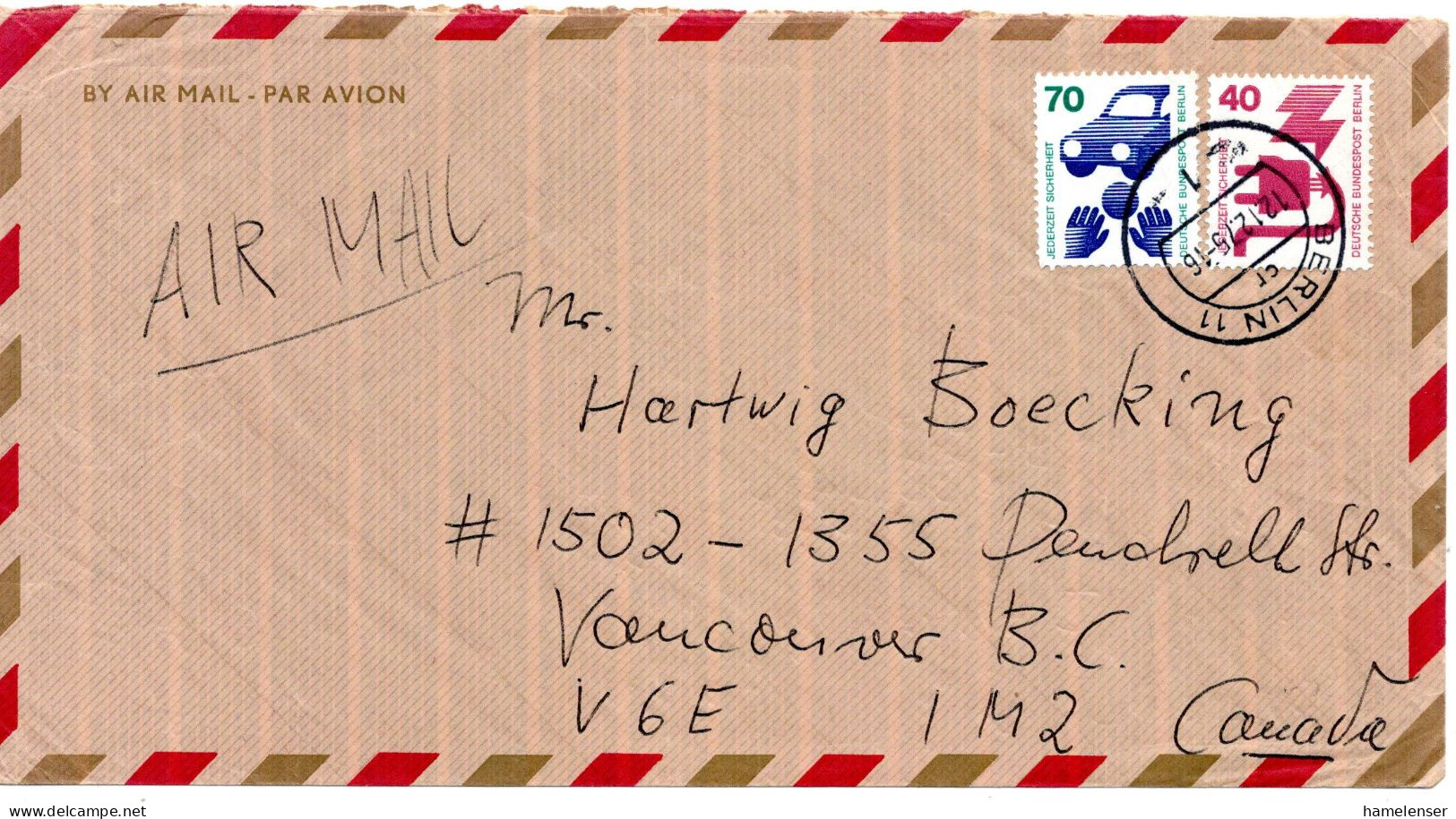 69795 - Berlin - 1975 - 70Pfg Unfall MiF A LpBf BERLIN -> Vancouver, BC (Canada) - Storia Postale