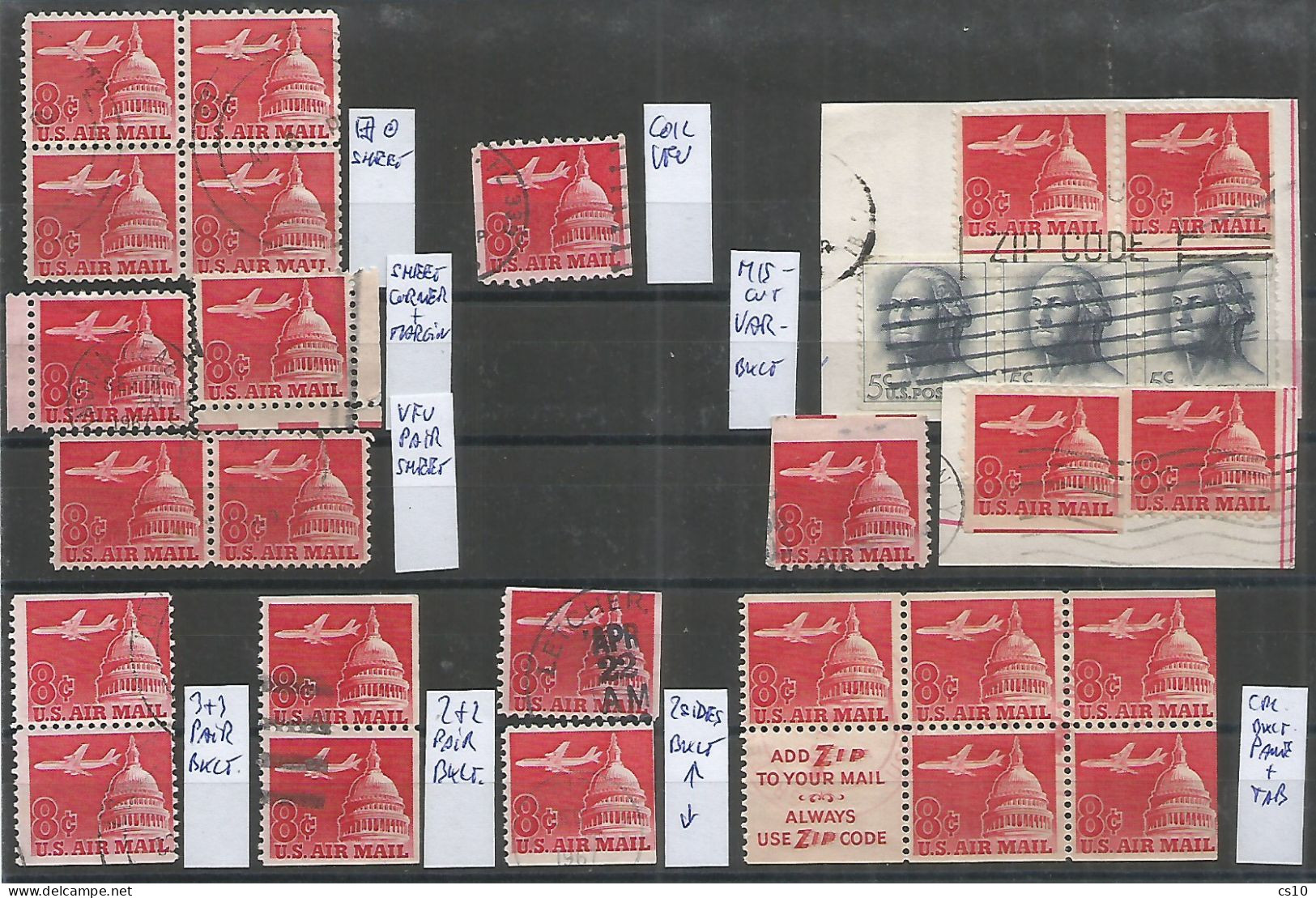 USA Airmail 1962 Jet & Capitol Dome SC# C64+65 Cpl Issue BL4 Sheet Coil Booklet Pane Pairs & Singles + Small Variety - 3a. 1961-… Oblitérés