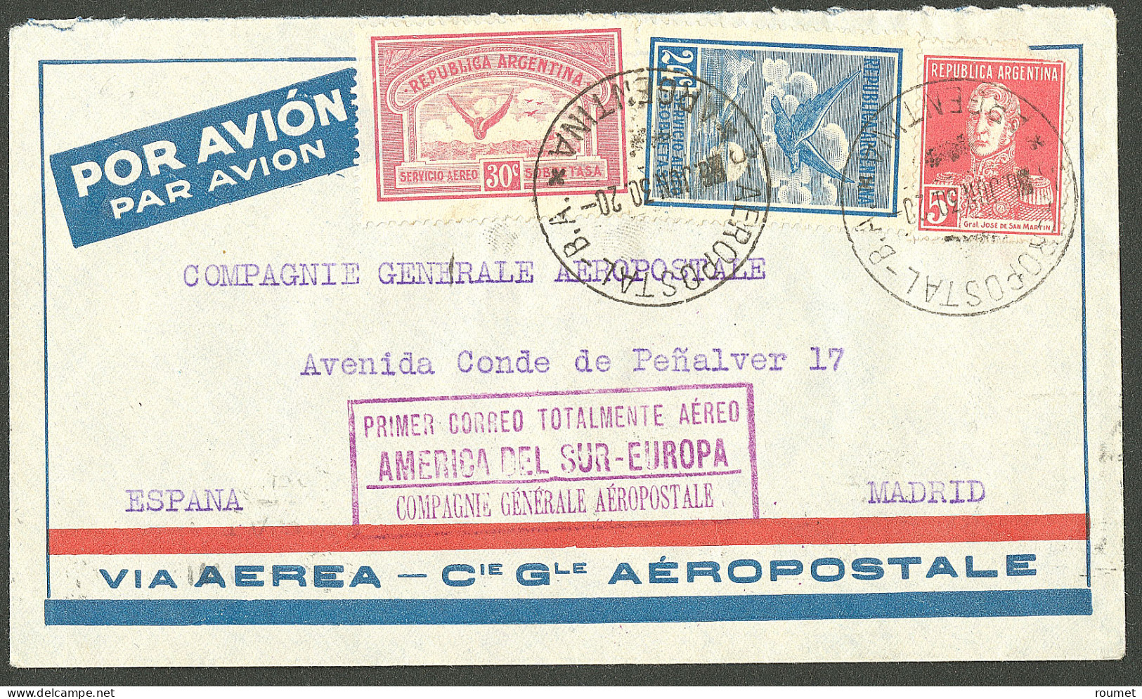 Lettre 06.06.30. 1er Vol Amérique Du Sud-Europe. Enveloppe Afft Argentine, Pour Madrid Avec Griffes Violettes CGA Et Arr - Autres & Non Classés