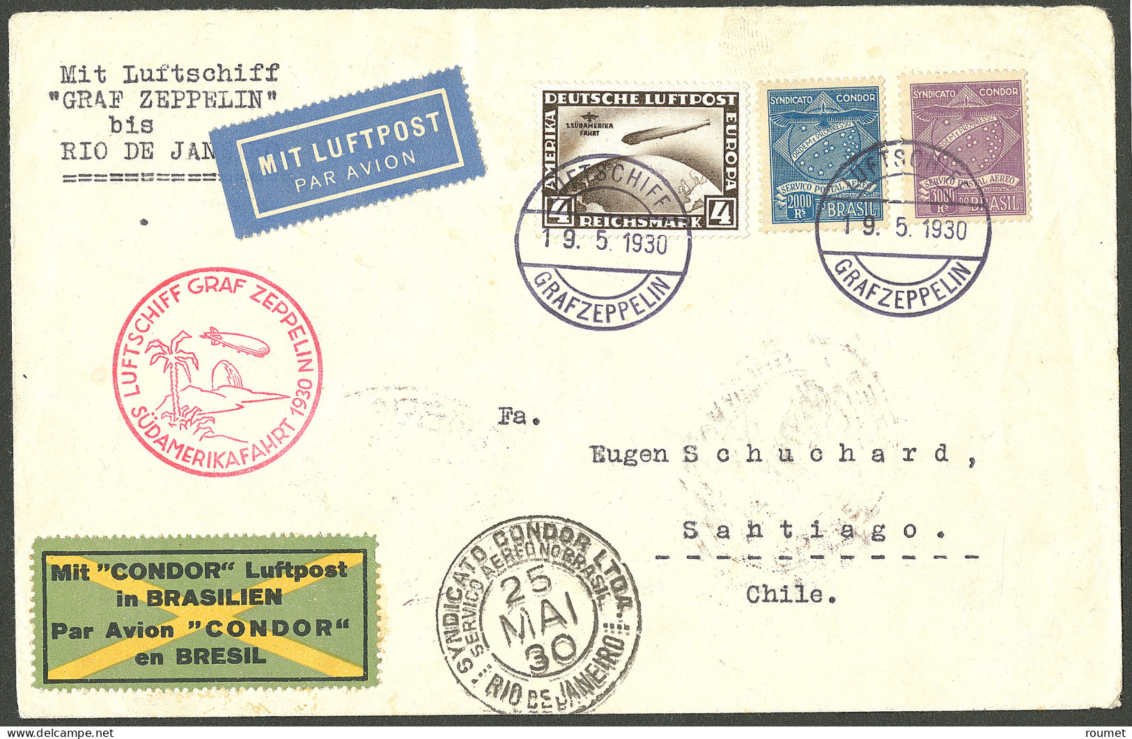 Lettre Poste Aérienne. Süd Amerika Fahrt. Zeppelin. No 39 + Brésil Cie Condor 5 + 6 Sur Enveloppe Avec CS Et Arr. Rio 25 - Other & Unclassified