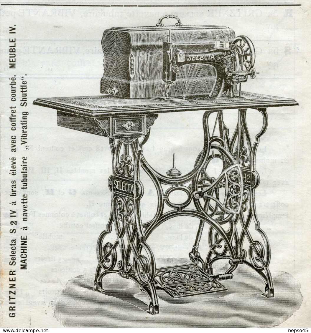 Usines Gritzner.Durlach.Bade Allemagne.Tarif 1901.Machines à coudre à coffret rond,carré,à bras bas à main sur socle.