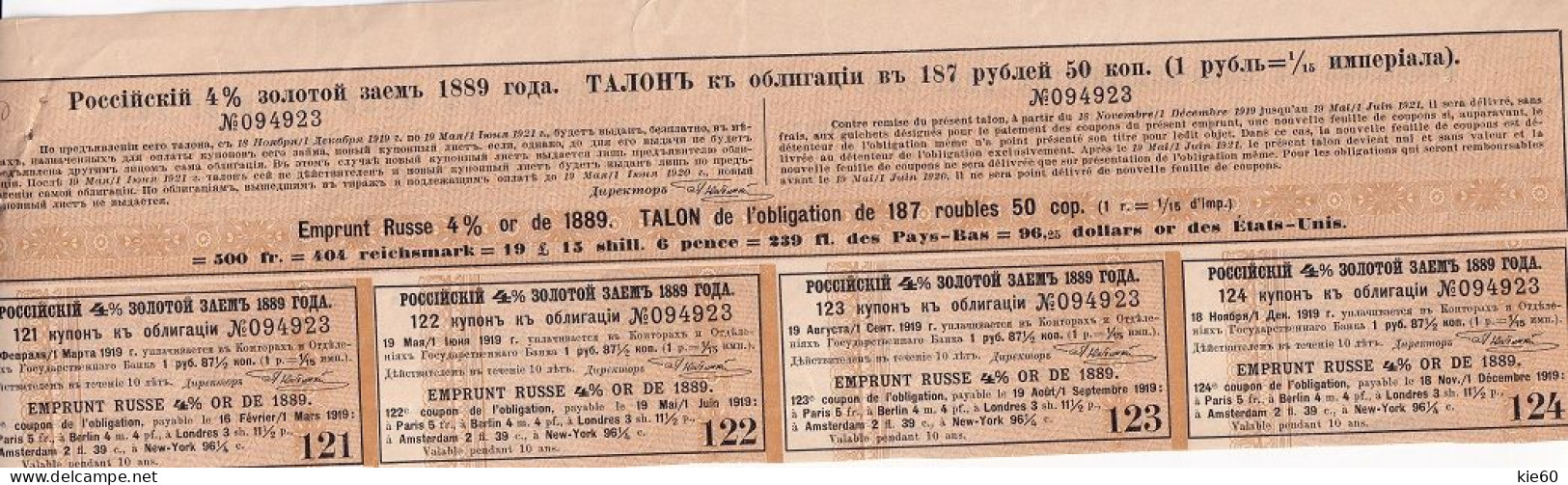 Russia  - 1889 - 187,5 Rubles  - 4%  Gold Loan - Talon - Russia