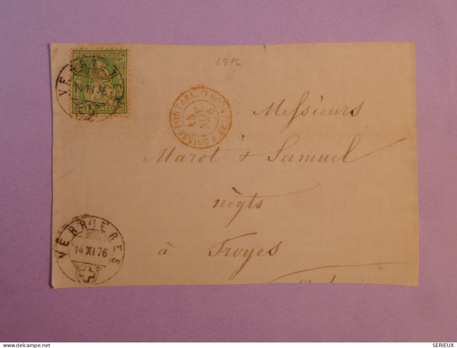 DB4 SUISSE LETTRE DEVANT 1876  +VERRIERES   +25 C  +AFF. INTERESSANT++ - Cartas & Documentos