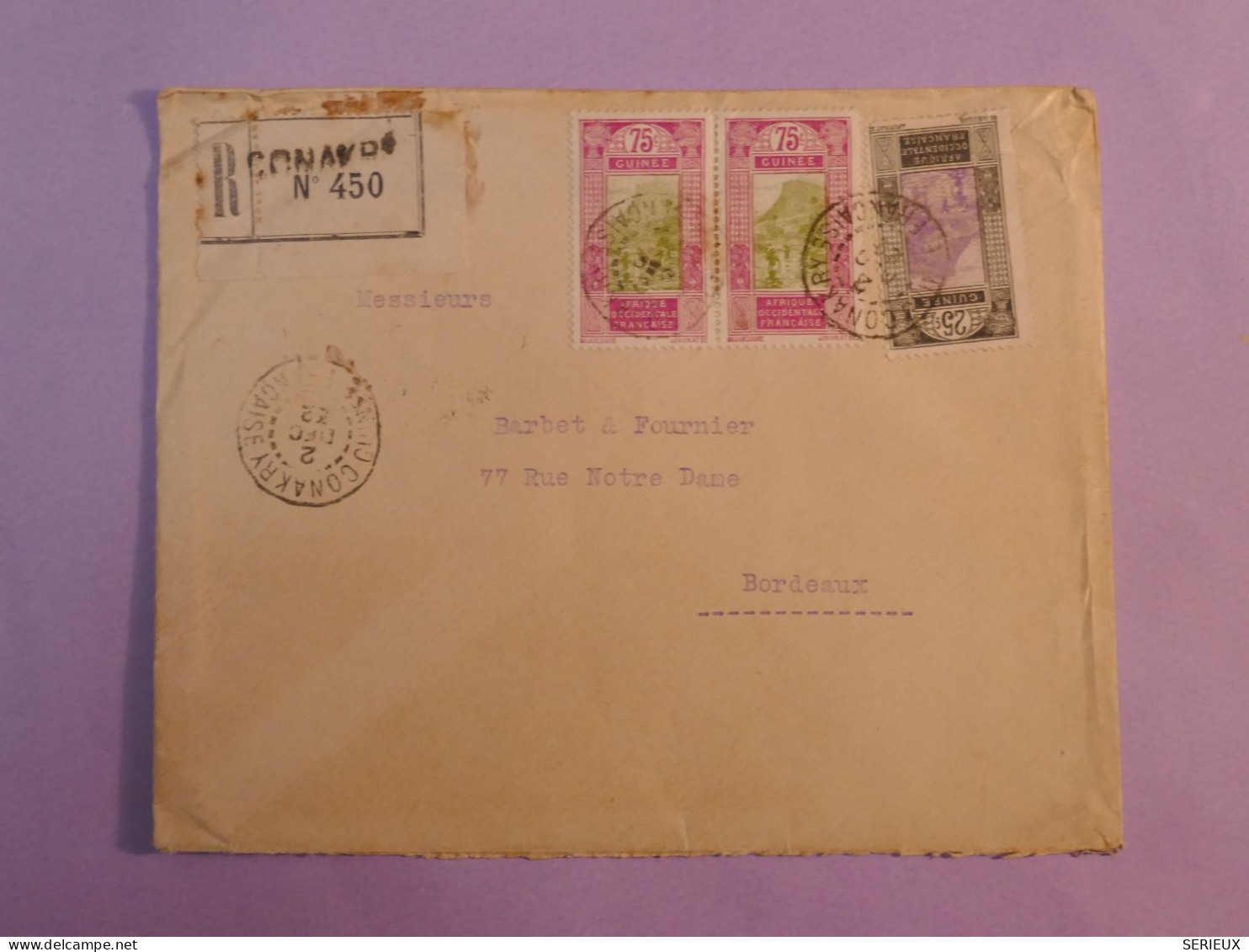 DB4 AEF   BELLE LETTRE RECOM. 1940 CONAKRY A BORDEAUX  +PAIRE DE TP +AFF. INTERESSANT++ - Covers & Documents