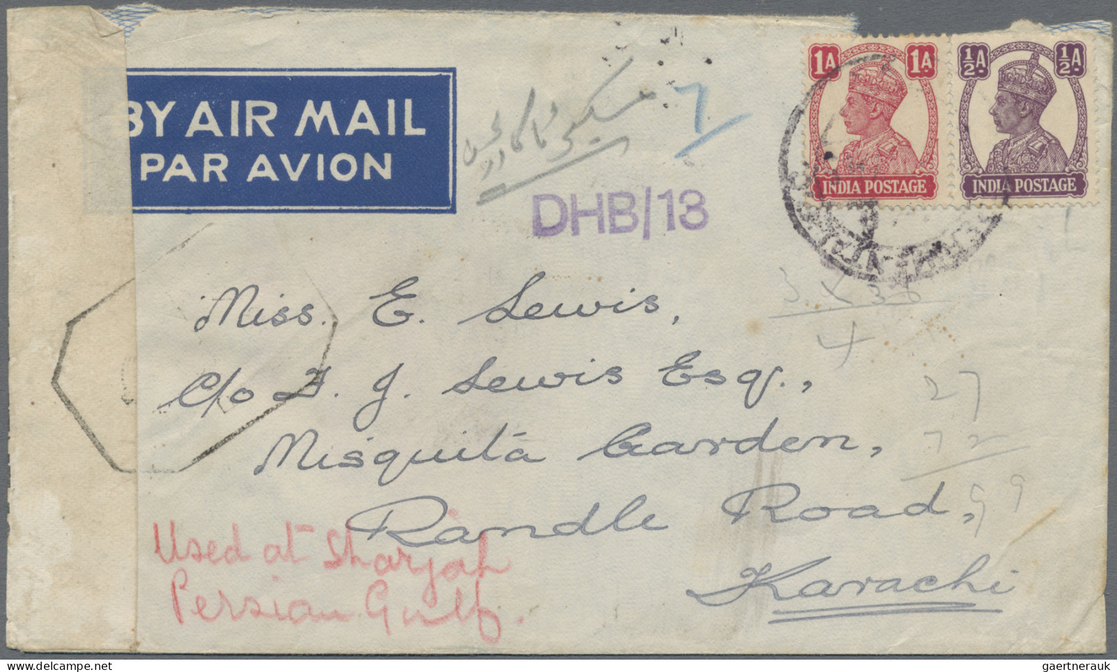 India  - Used Abroad: 1945 Censored Airmail Cover Sent From SHARJAH To Karachi, - Yemen
