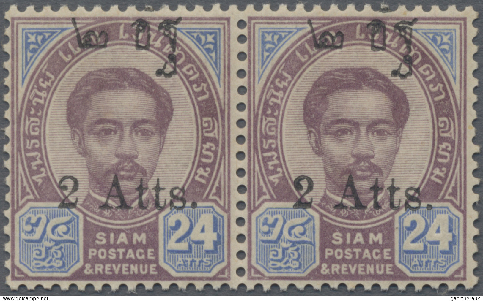 Thailand: 1908 Provisional 2a. On 24a. Horizontal Pair, Variety "ovpt. Shifted U - Thailand