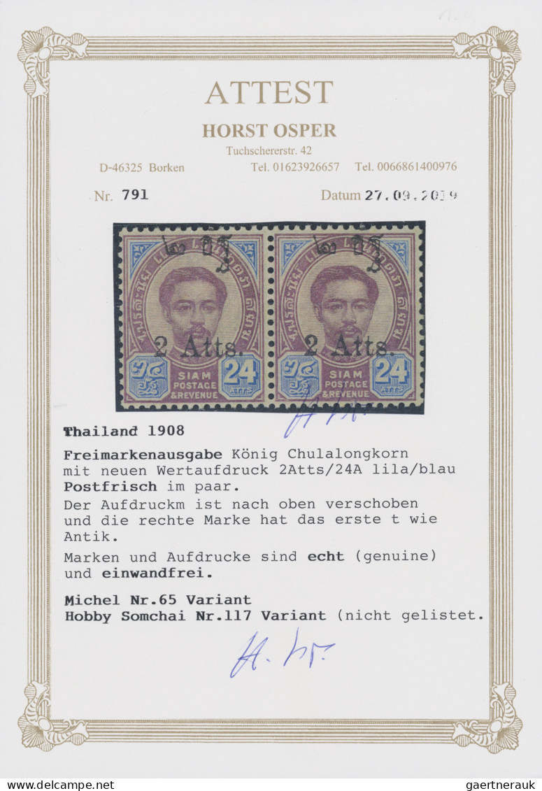 Thailand: 1908 Provisional 2a. On 24a. Horizontal Pair, Variety "ovpt. Shifted U - Thailand