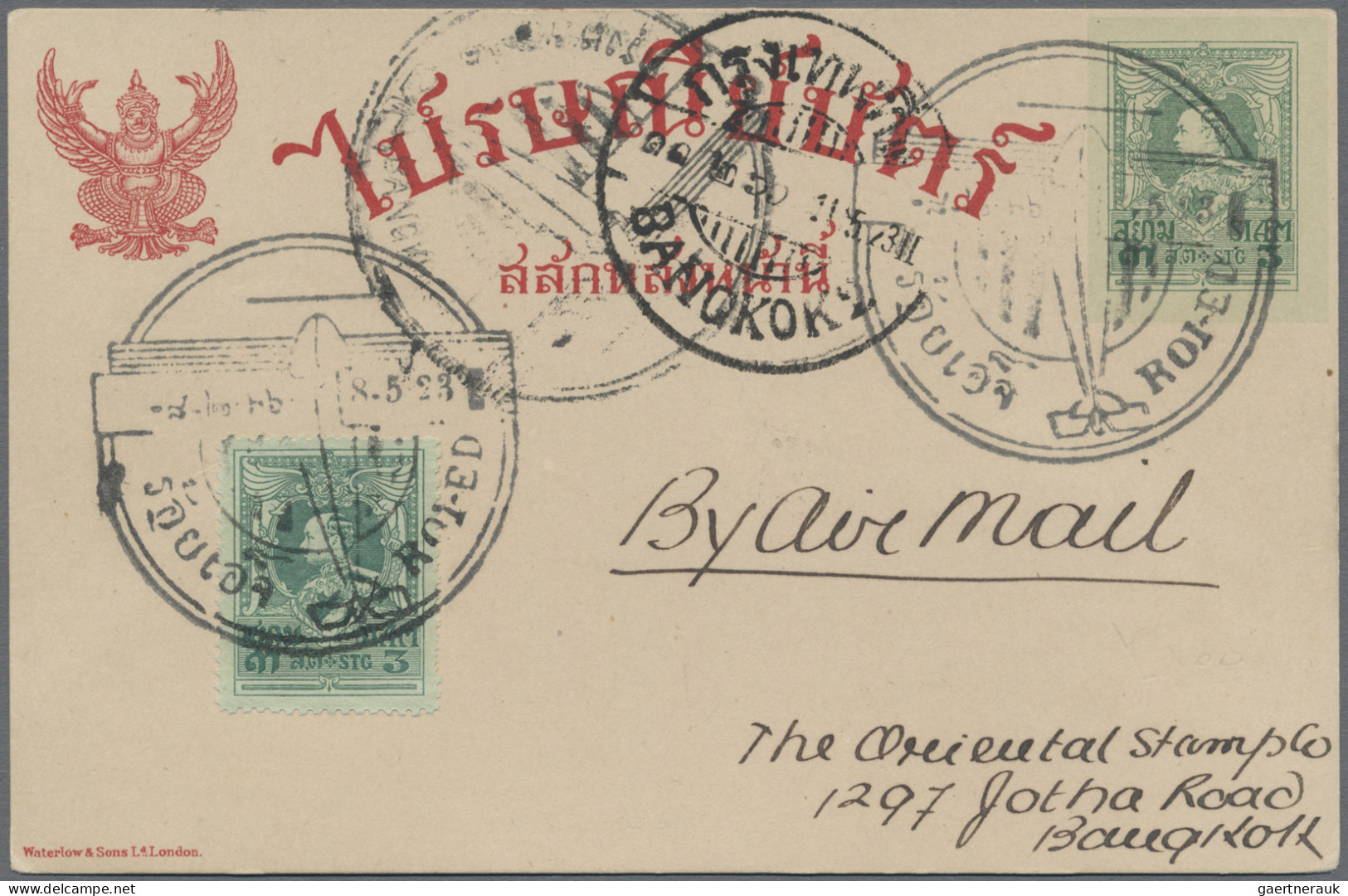 Thailand: 1923 Special Air Mail Roi-Ed To Bangkok: P/s Card 3s. Green Uprated Si - Thailand