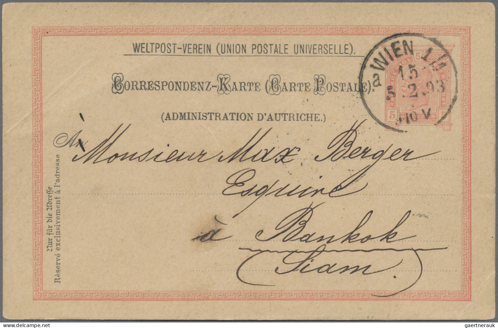 Thailand - Incoming Mail: 1893 Austrian Postal Stationery Card 5h. Used From Vie - Thailand