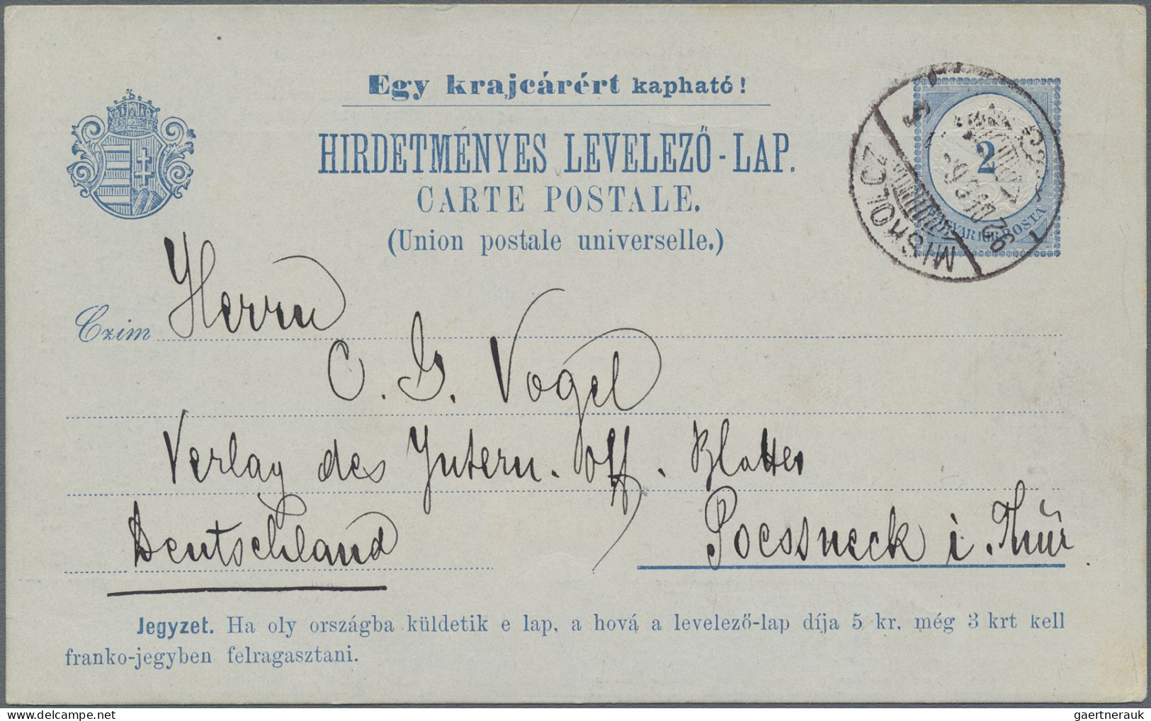 Thematics: advertising postal stationery: 1892/1897, Ungarn, 2 Kr blau Privat-An