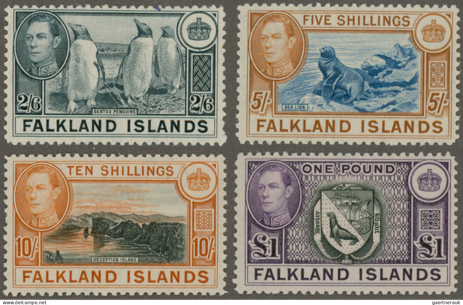 Falkland Islands: 1938, KGVI, 2/6 Sh - 1 £, Four Highest Values Of The Set, Mint - Falkland Islands