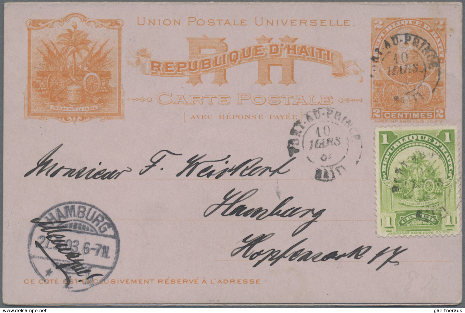 Haiti: 1903, Three Double Cards Used From "PORT-AU-PRINCE 10 MARS 03" To Hamburg - Haiti
