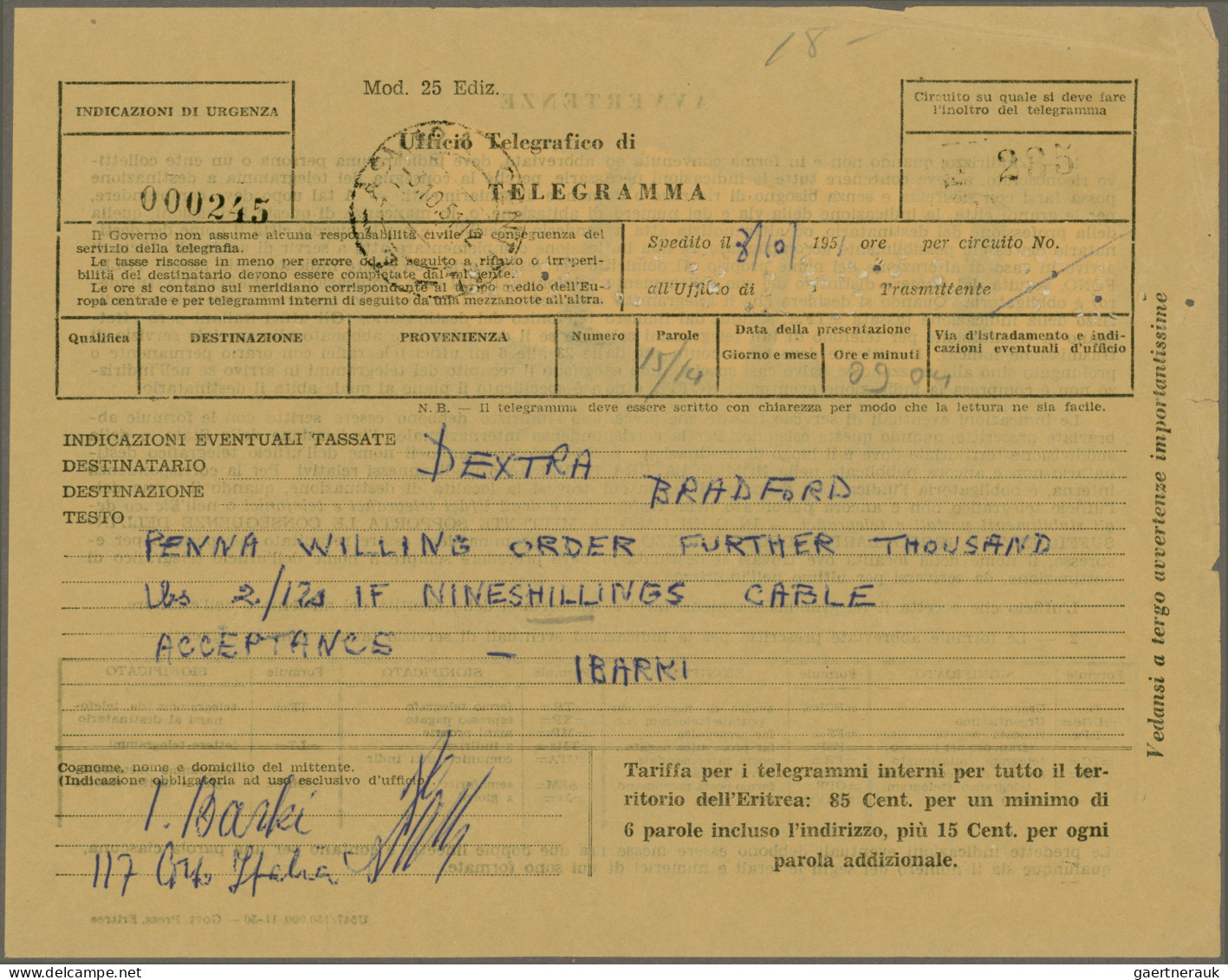 Italian Eritrea: 1951, British Administration, Entire Telegram Bearing 1950 Over - Eritrea