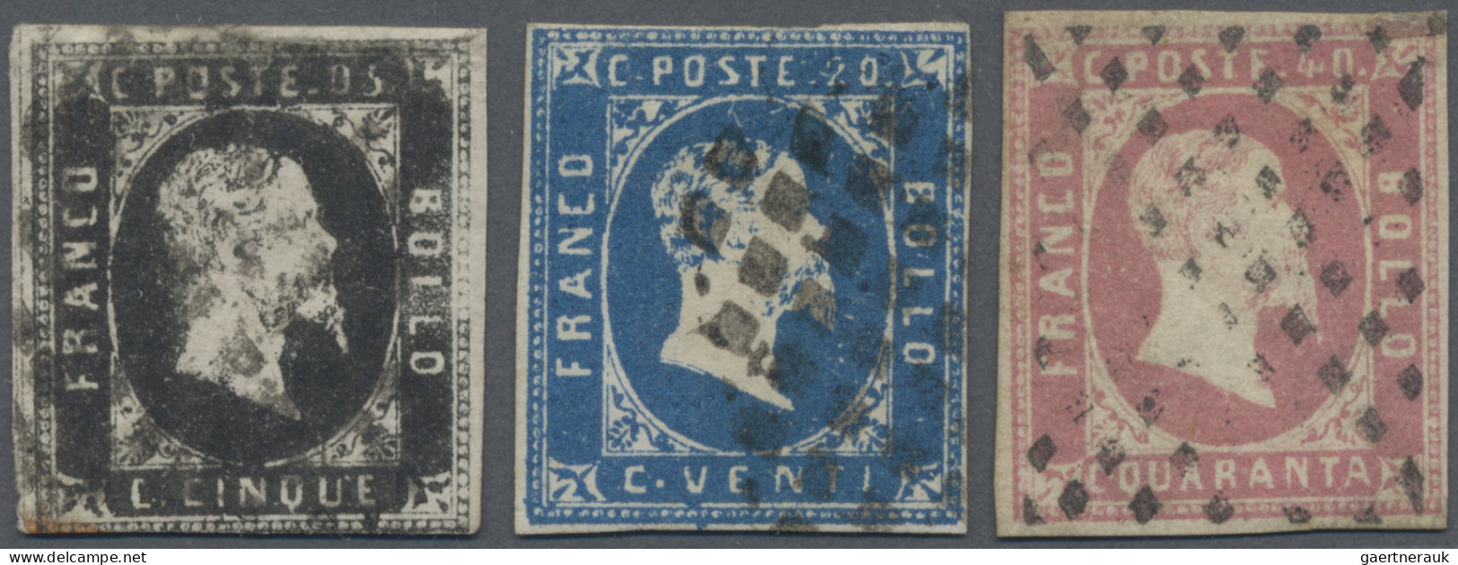 Italian States - Sardinia: 1851, VEII, 5 C Black, 20 C Blue And 40 C Rose, Compl - Sardinia