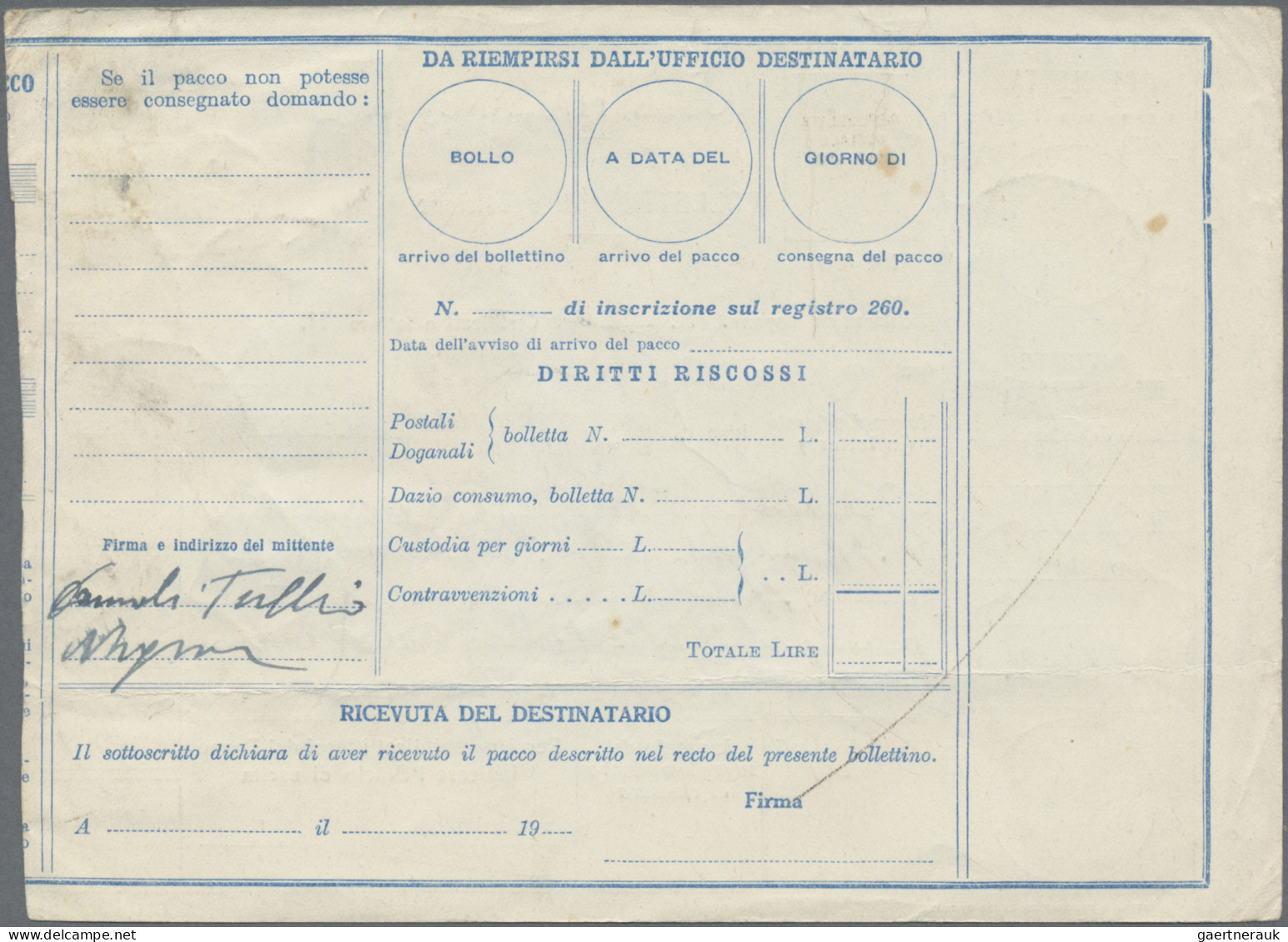 Italy - Postal Stationary: 1945, Parcel Despatch Form 40c. Blue Used From "PEDEM - Entiers Postaux