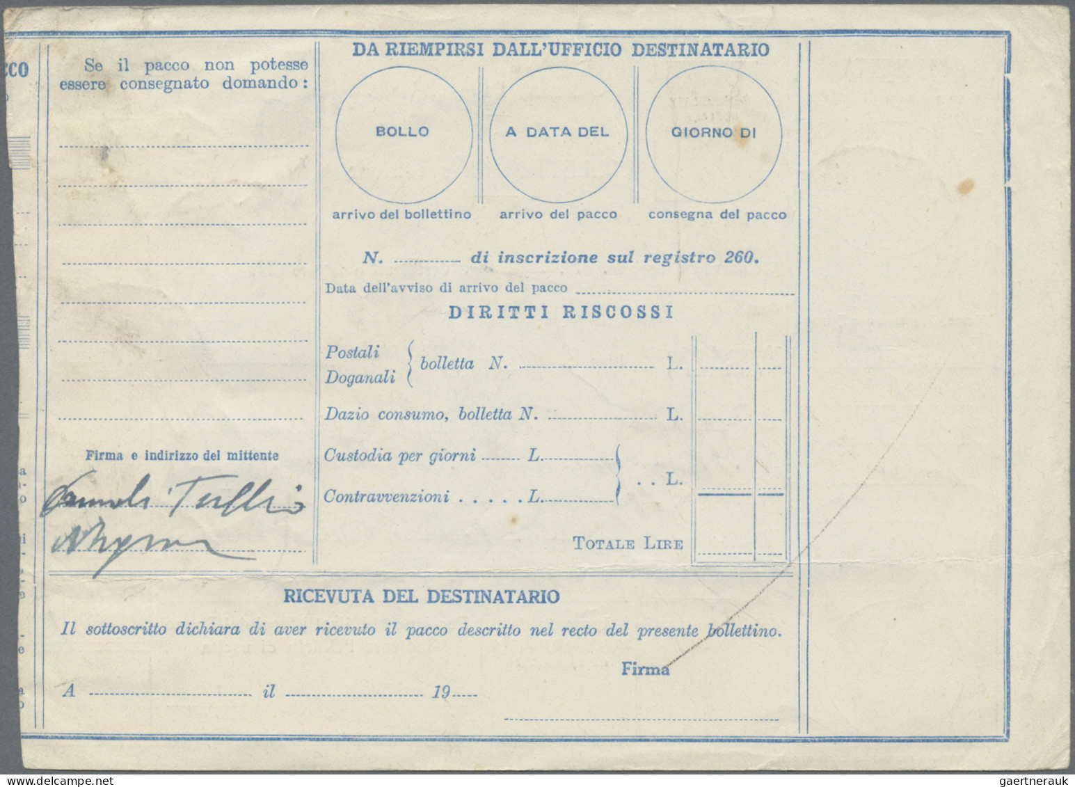 Italy - Postal Stationary: 1945, Parcel Despatch Form 40c. Blue Used From "PEDEM - Stamped Stationery