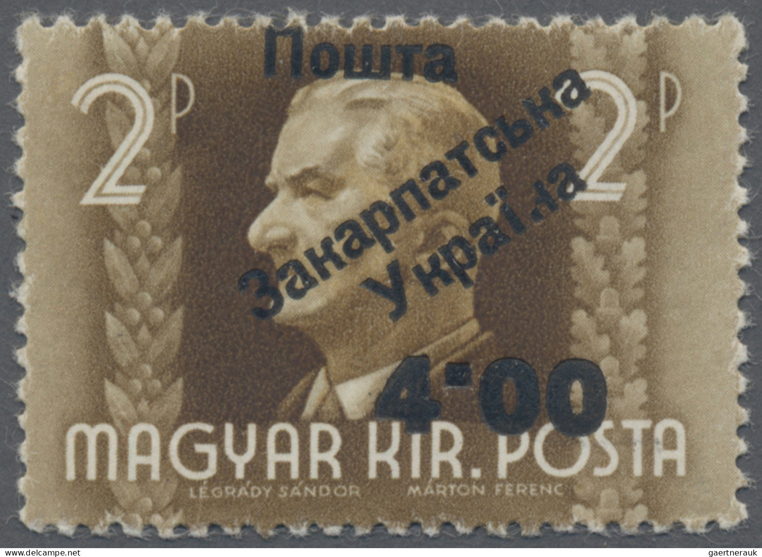 Carpathian Ukraine: 1945, 4.00 On 2p., Type Ib, MNH. Signed Bulat. A Rare Stamp. - Ukraine