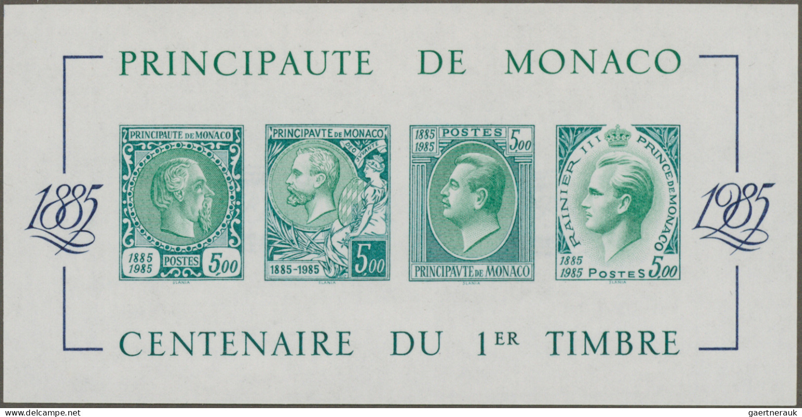 Monaco: 1985, Stamp Centenary Souvenir Sheet, Imperforate Special Edition In GRE - Ongebruikt