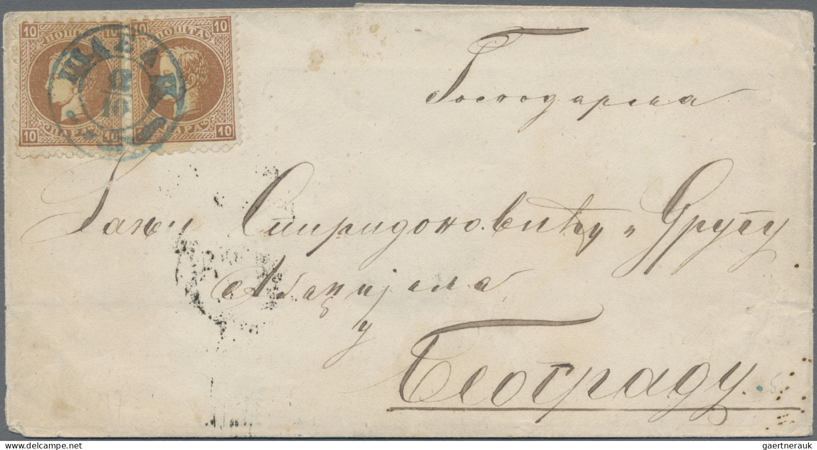 Serbia: 1869/1870 (ca.), Milan 10pa. Brown, Perf. 9½:12, Two Copies On Lettershe - Serbia