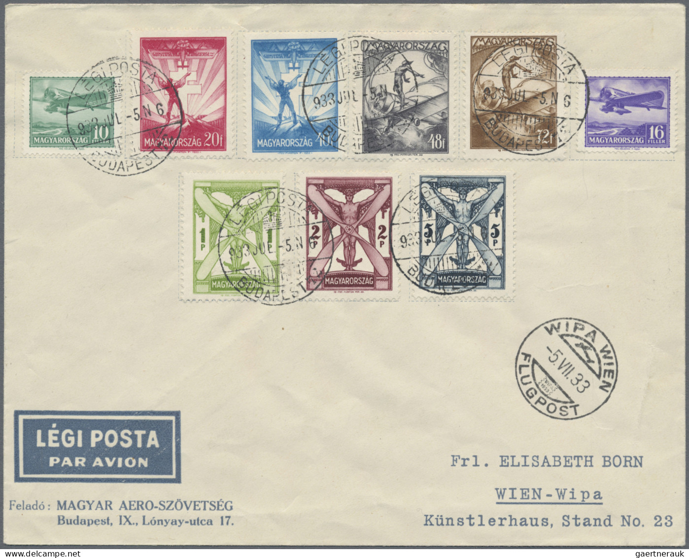 Hungary: 1933, Airmails 10f.-5p., Complete Set Of Nine On Airmail Cover From "BU - Covers & Documents