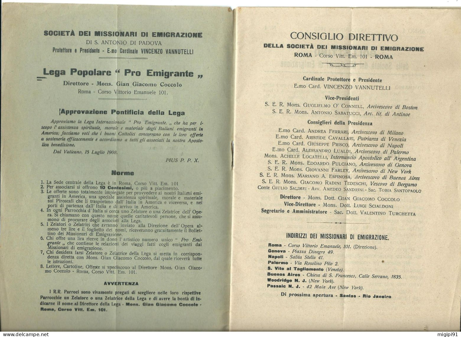 **   BOLLETTINO Dei MISSIONARI DI EMIGRAZIONE Di S. ANTONIO DI PADOVA  Anno I° Luglio - Agosto  1910 N°4** - Religion