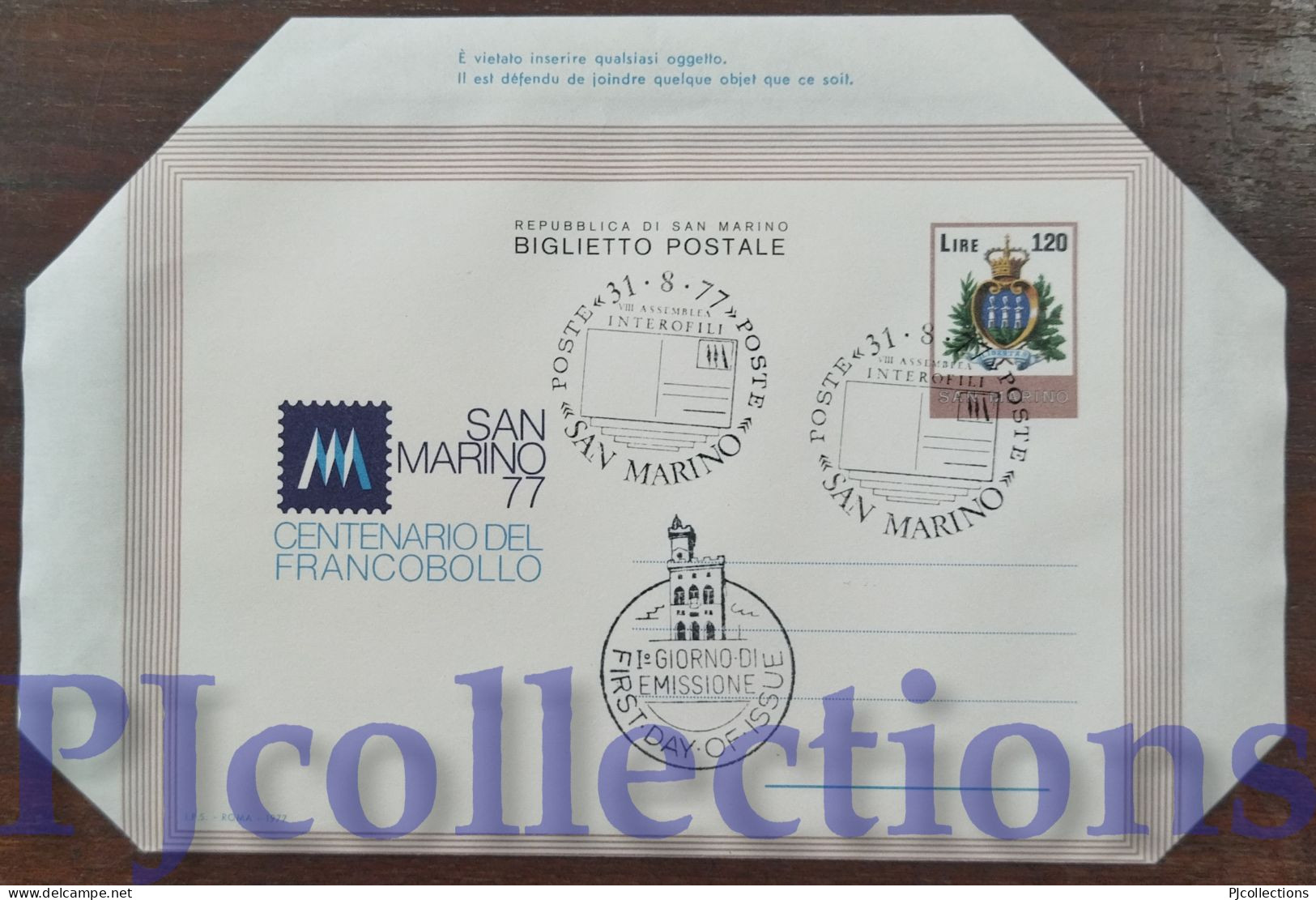 5630- SAN MARINO 1977 AEROGRAMMA CENTENARIO DEL FRANCOBOLLO L.120 C/ANNULLO 1° GIORNO - Lettres & Documents