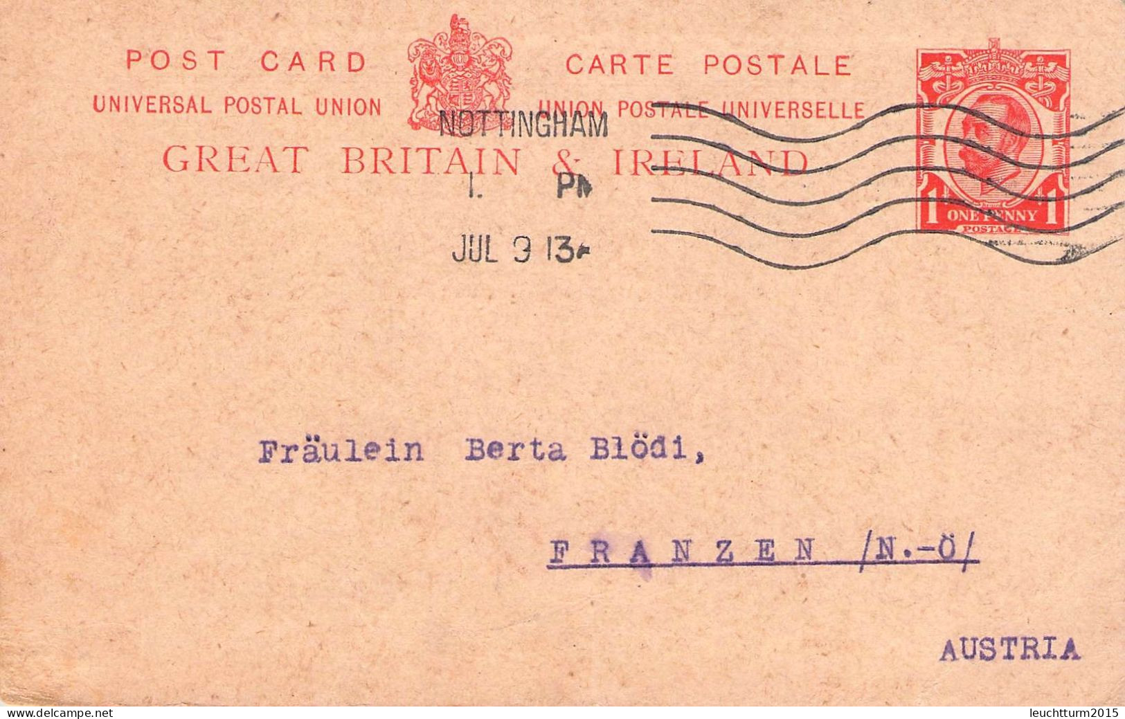 GREAT BRITAIN - POST CARD 1913 NOTTINGHAM > FRANZEN/AT Mi #P41 / YZ497 - Brieven En Documenten