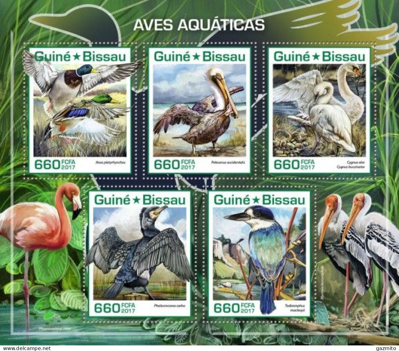 Guinea Bissau 2017, Animals, Water Birds, Kingfisher, Flamingo, Ducks, 5val In BF - Flamants