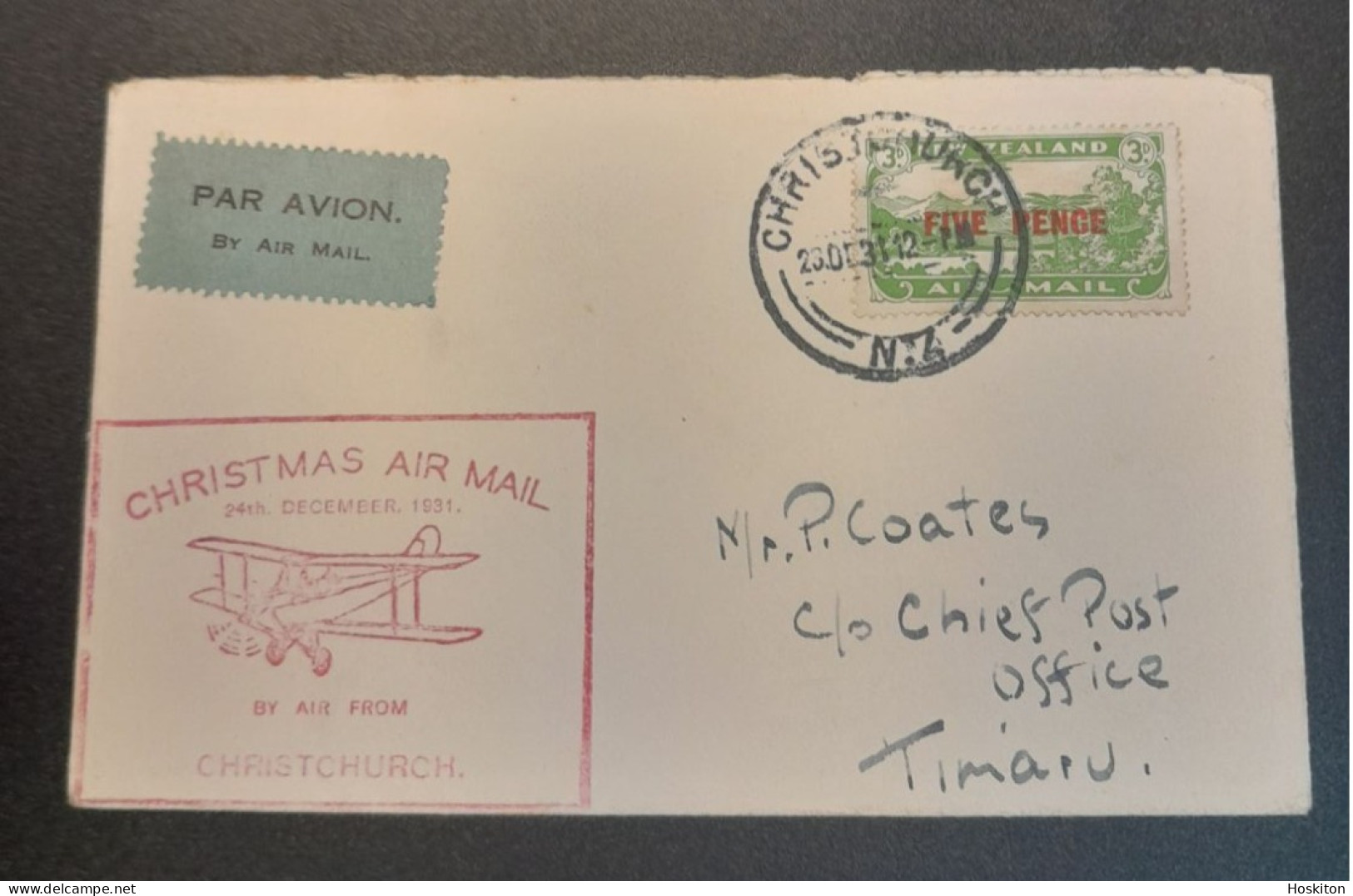 1931-Dec 24 Special Christmas Survey Flights Cat 62s Christchurch-Timaru - Storia Postale