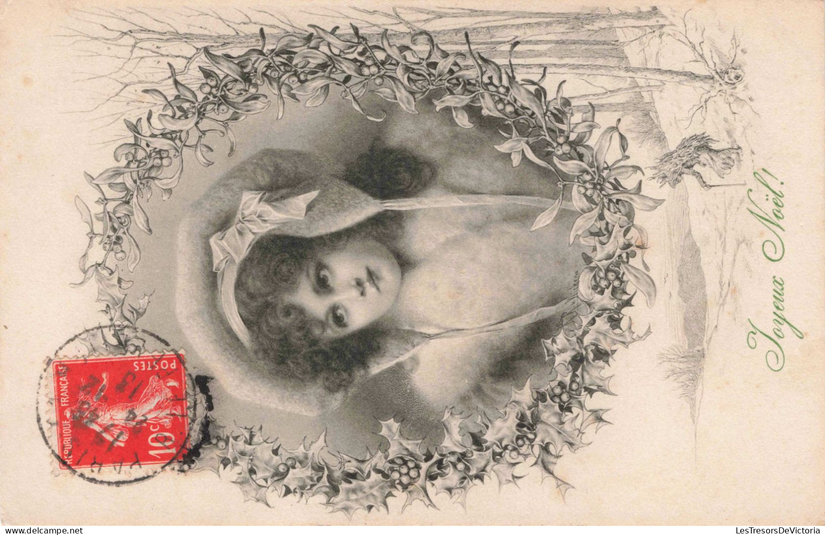 Illustrateur - Wichera - Joyeux Noël - Petite Fille En Bonnet Dans Un Médaillon - Carte Postale Ancienne - Wichera