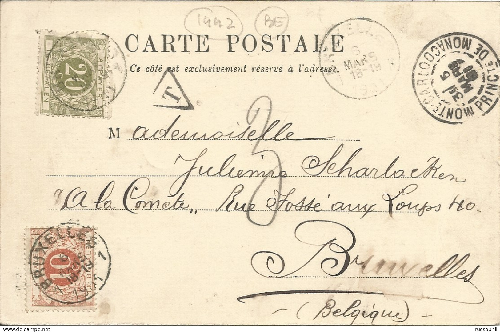 MONACO - "ROULETTE BELGE" CANCELLING Yv #14 ON PC (VIEW OF LA TURBIE) TO BELGIUM AND TAXED AT ARRIVAL - 1901 - Covers & Documents