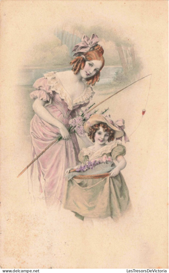 Illustrateur - Schubert - Femme Et Petite Fille à La Pêche - Carte Postale Ancienne - Schubert