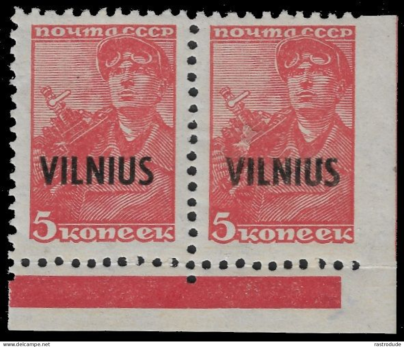 1941 DT.BESETZUNG LITAUEN LITHUANIA 5Kop VILNIUS SEHR SELTENEN ABART RECHTS UNGEZÄHNT. FA KRISCHKE 1989 - Ocupación 1938 – 45