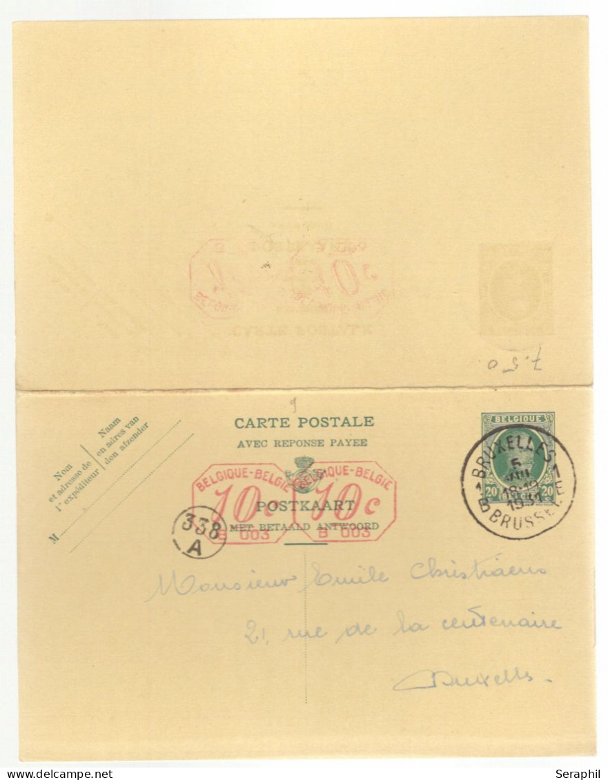 Entier Postal Type Houyoux N° 72 I - FN - 20 + 20c Vert - Avec Réponse Payée -  B003 2x 10c (RARE)  - 1931 - Cartoline Postale Con Risposta Pagata