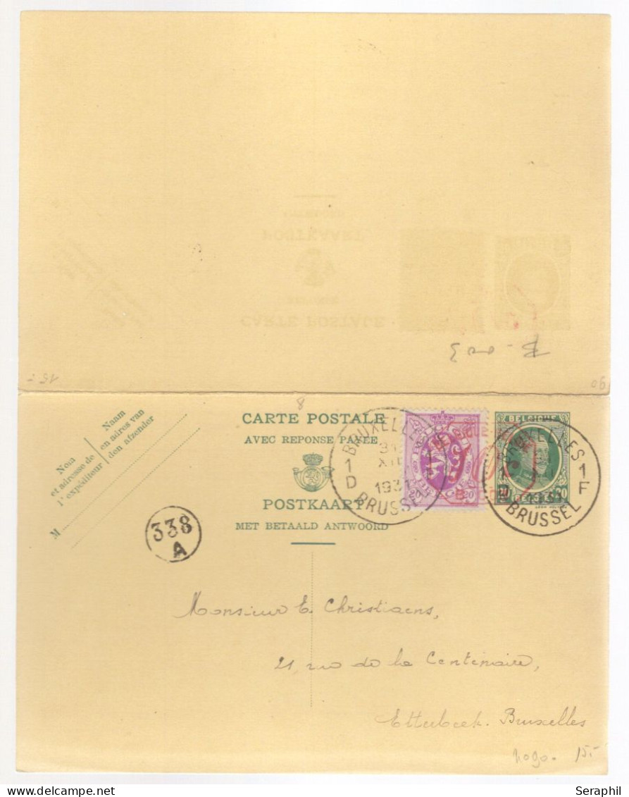 Entier Postal Type Houyoux N° 72 I - FN - 20 + 20c Vert - Avec Réponse Payée - 2x COB N°281- B003 10c   (RARE)  - 1931 - Reply Paid Cards