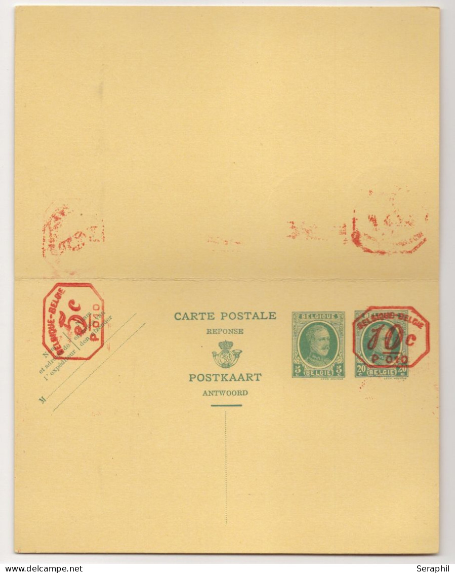 Entier Postal Type Houyoux N° 74 I - FN - 20 Et 5 + 20 Et 5 Vert - Avec Réponse Payée - P010 10c Et 5c   (RARE)  - 1931 - Cartes Avec Réponse Payée