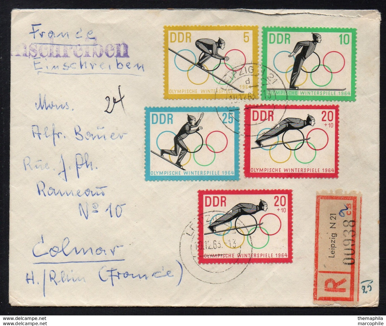 JEUX OLYMPIQUES D'HIVER INNSBRUCK  / 1963 RDA SERIE COMPLETE SUR LETTRE RECOMMANDEE POUR COLMAR (ref LE4032) - Hiver 1964: Innsbruck