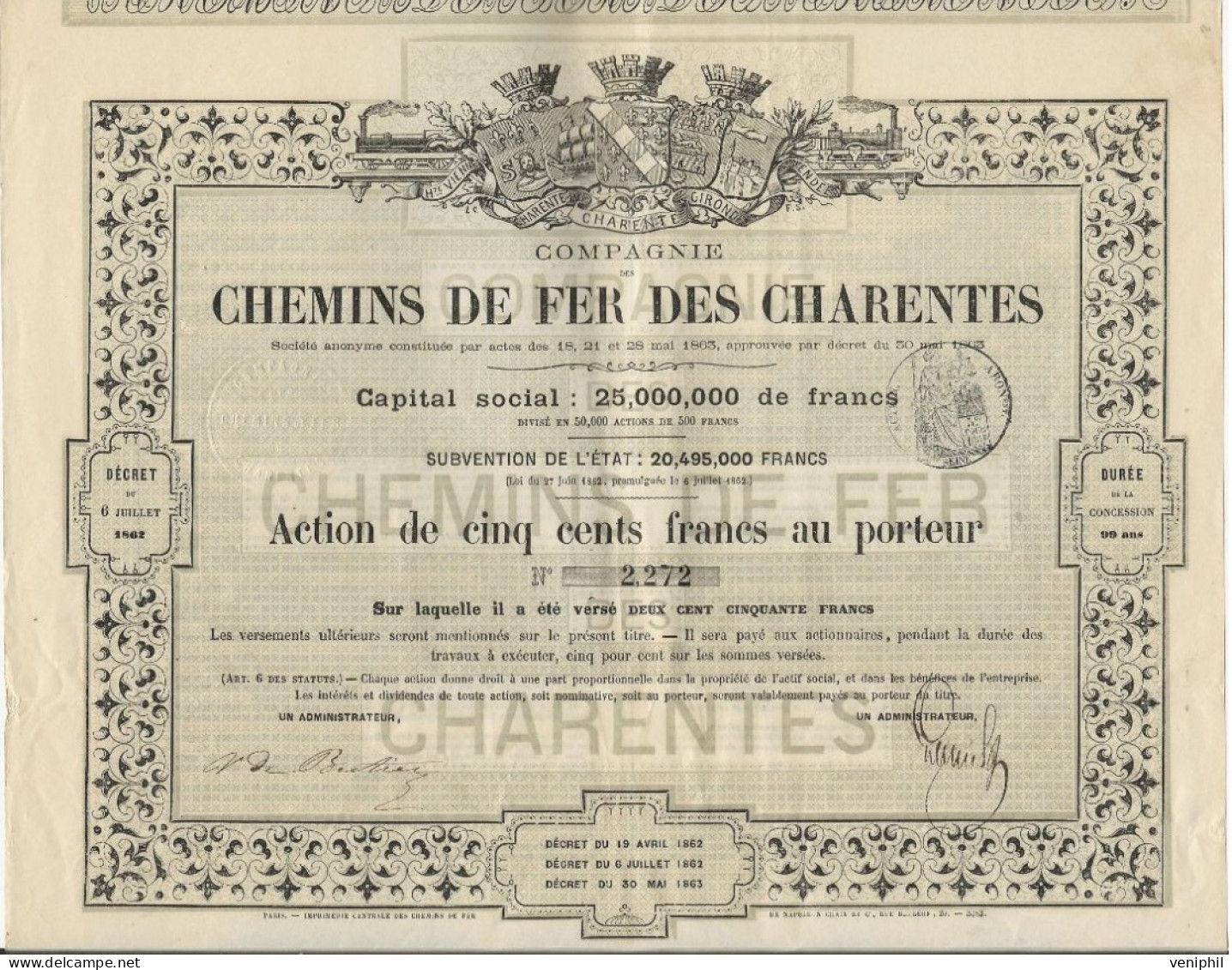 COMPAGNIE DES CHEMINS DE FER DES CHARENTES    ACTION DE CINQ CENT FRANCS - ANNEE 1862 - Bahnwesen & Tramways