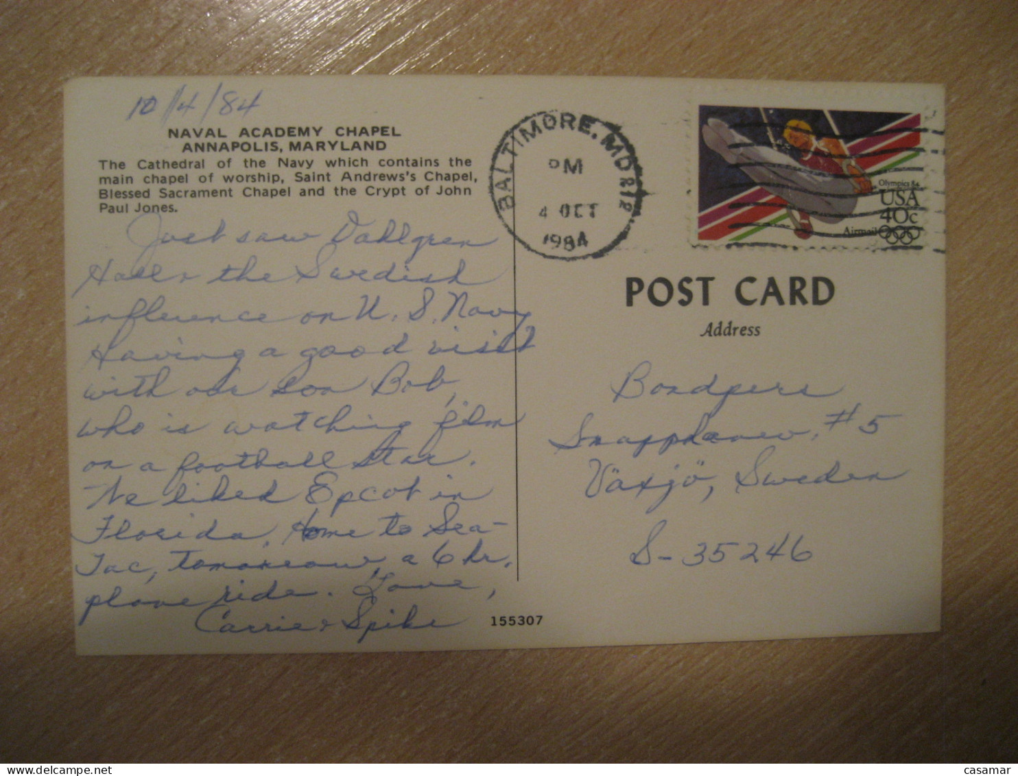 ANNAPOLIS Maryland Naval Academy Chapel Cancel Baltimore 1984 To Sweden Postcard USA - Annapolis – Naval Academy