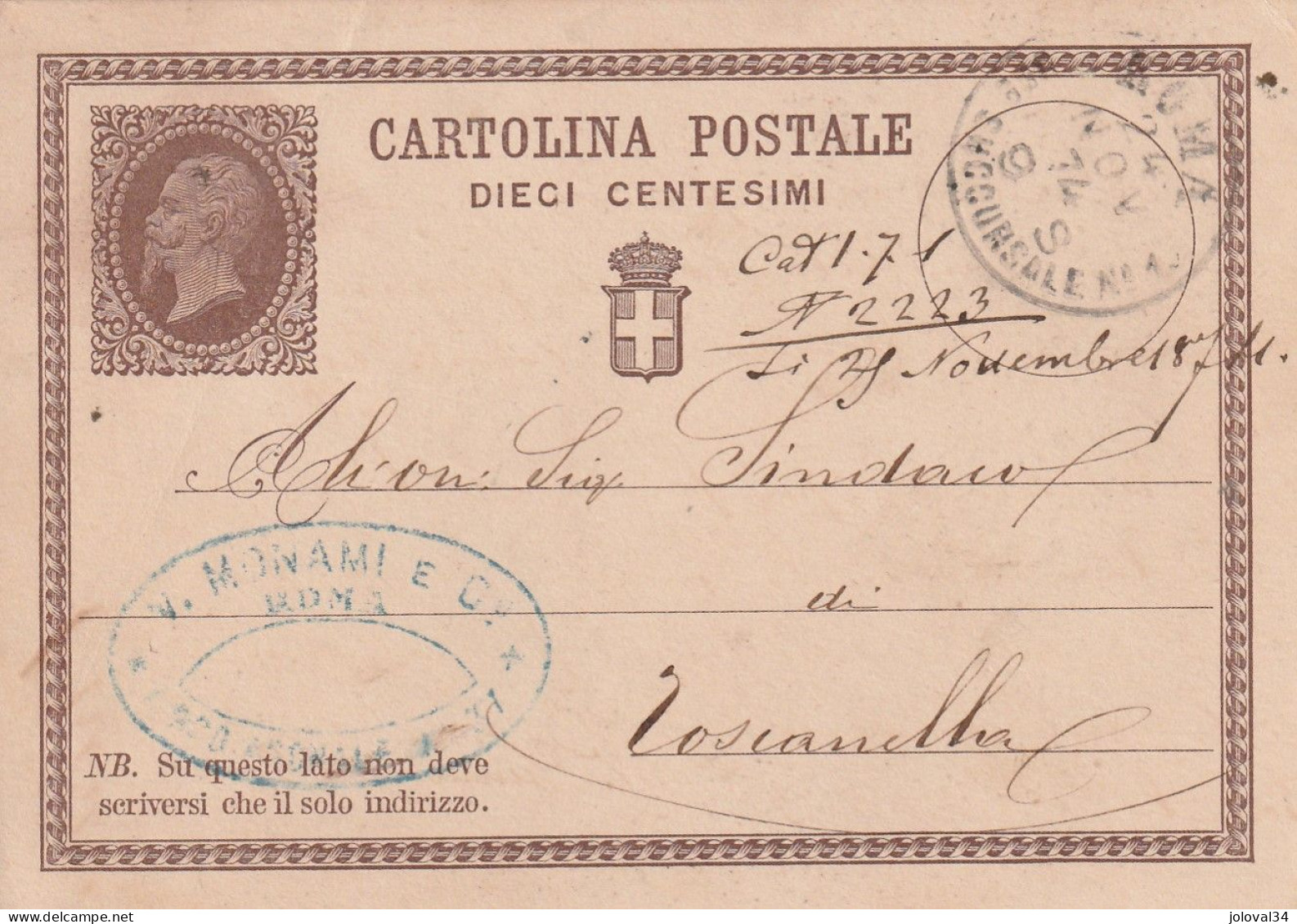 Italie Entier Postal Cachet Commercial Monami  ROMA UFo Succursale 1 -  24/11/1874 Pour Toscanella - Ganzsachen