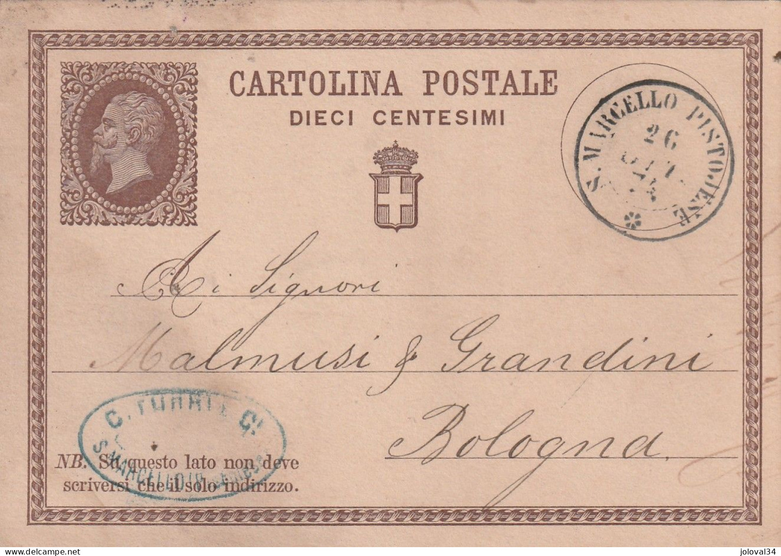 Italie Entier Postal Cachet Commercial Turri S MARCELLO PISTONESE 26/10/1874 Pour Bologna - Ganzsachen