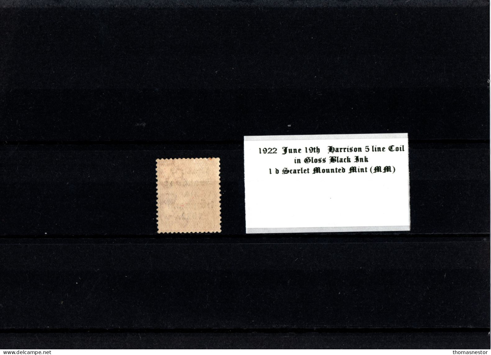 1922 June 19th Harrison Coil 5 Line Overprint  Gloss Black Ink 1 D Scarlet Mounted Mint (MM) - Unused Stamps