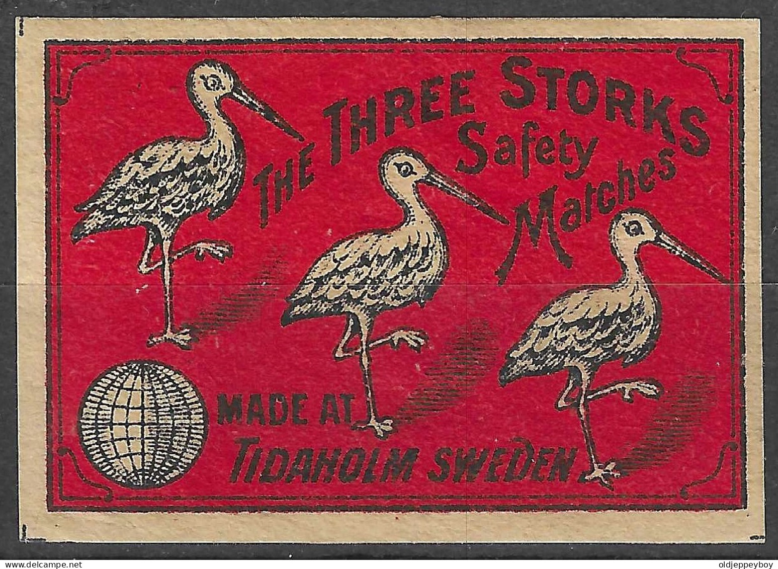 MADE AT TIDAHOLM  SWEDEN VINTAGE Phillumeny MATCHBOX LABEL THE THREE STORKS  MONUMENT 5.5  X 3.5 CM - Luciferdozen - Etiketten