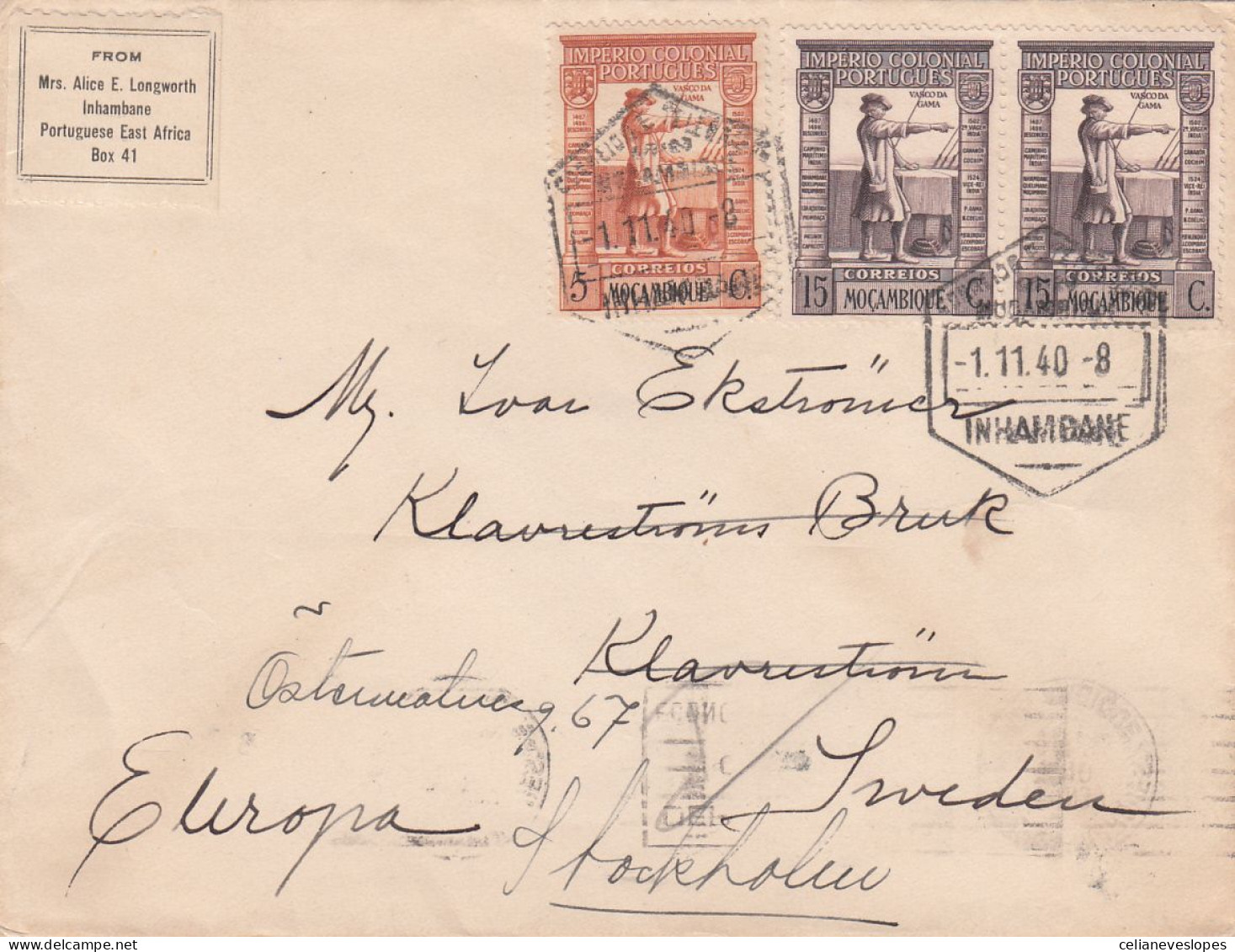 Portuguese Inhambane, Carta Circulada Do Inhambane Para Klavrestrom Em 1941 - Inhambane