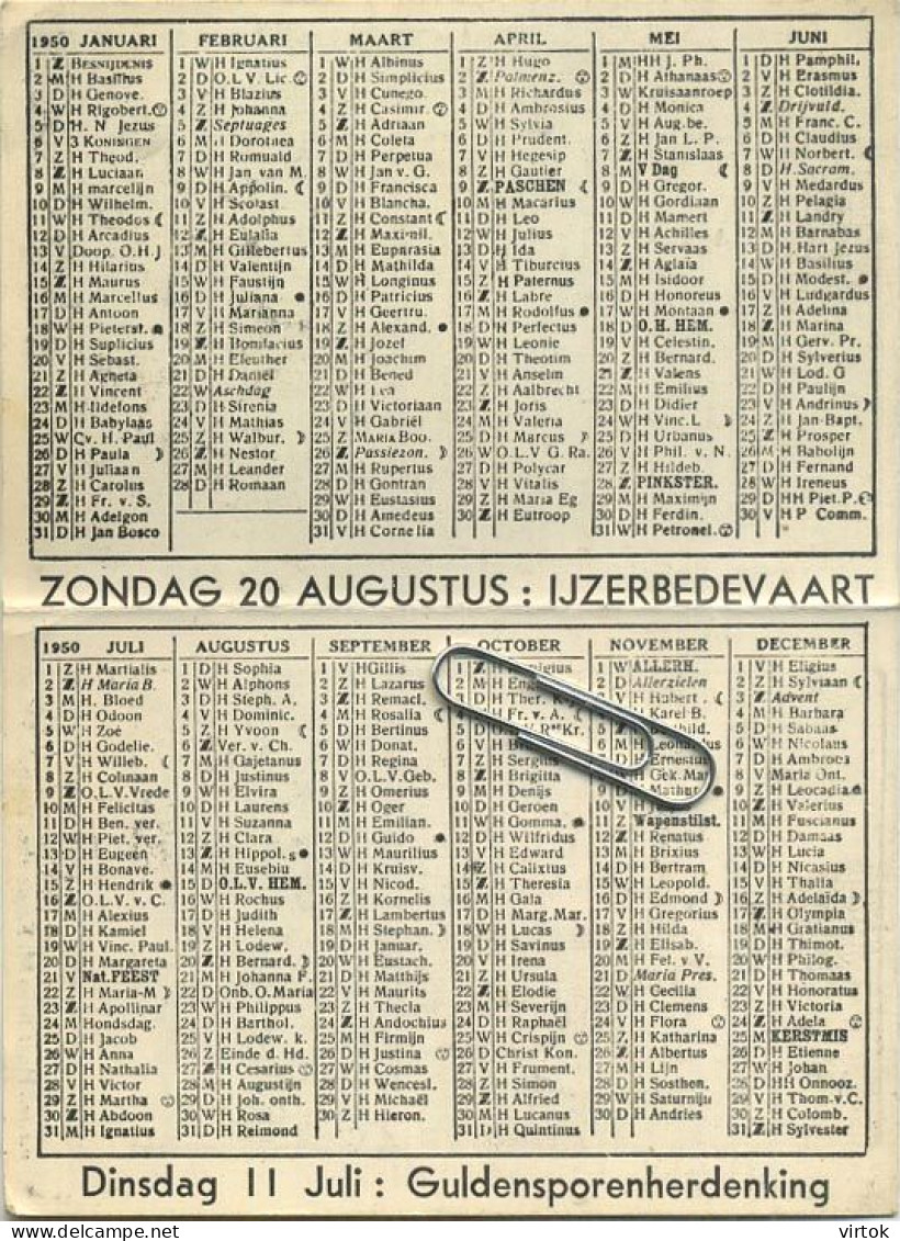 DIKSMUIDE :  Ijzertoren --  Bedevaart 1950   Kalender - Tamaño Grande : 1941-60