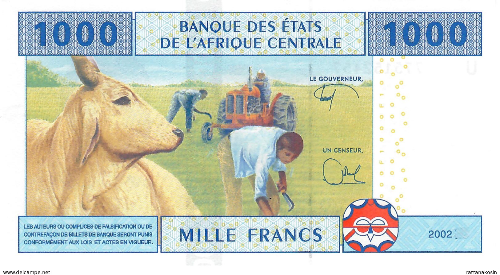 C.A.S. CAMEROON LETTER U  B207Ue 1000 FRANCS 2002 Issued 2017 Signature 12     UNC. - Stati Centrafricani