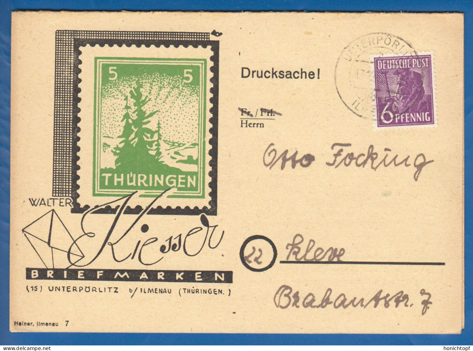 Deutschland; Alliierte Besetzung MiNr. 944; 1947; Drucksache Ilmenau Briefmarkenangebot Thüringen; Ganzsache - Ganzsachen