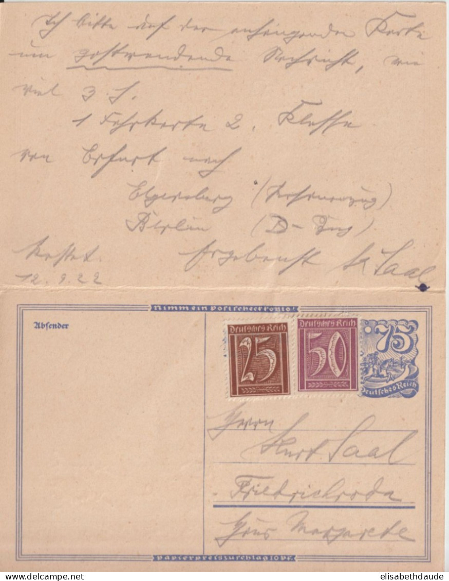 1922 - INFLA ! CP Avec REPONSE PAYEE COMPLETE ! De FRIEDRICHRODA => ERFURT - Cartoline